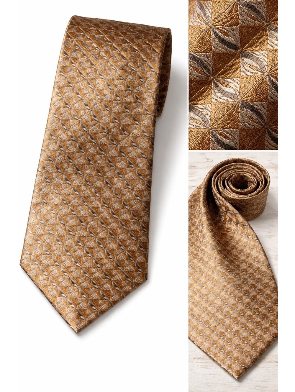 Geoffrey Beene Gold Geometric Silk Tie Mens Classic Check Pattern Necktie